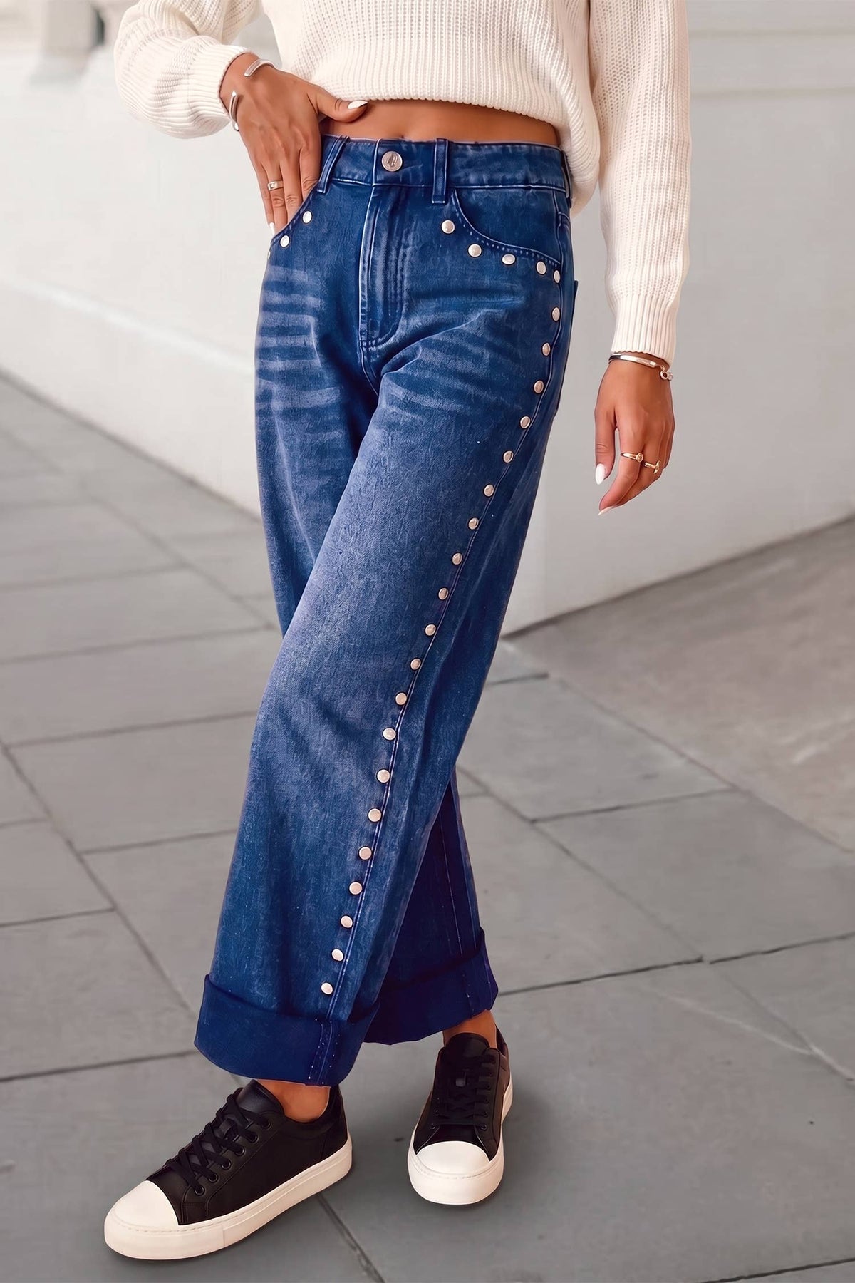 Aapparella - Solid Studded Detail Straight Leg Loose Jeans | 4-16