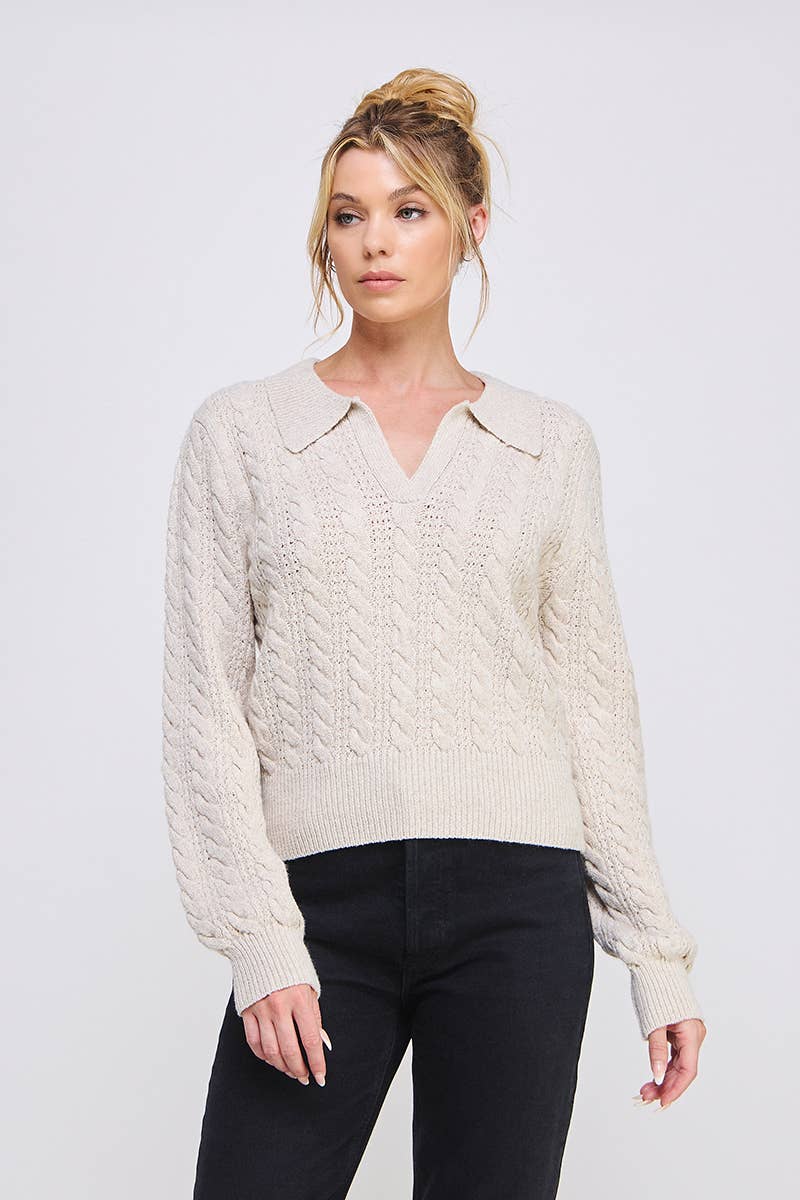 Grey Cable Knit Johnny Collar Pullover