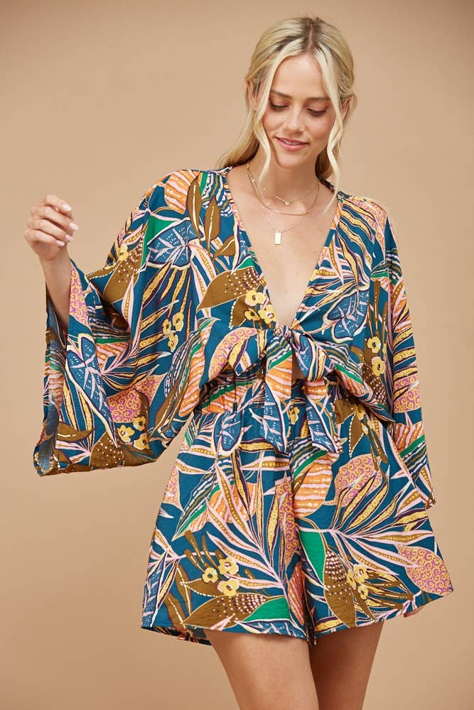 BATWING SLEEVED BOHO TROPICAL PRINT ROMPER 4411RH : IVORY MULTI / L