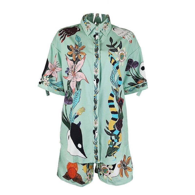 Relaxed Fit Printed Short Sleeve Shirt And Shorts Set: GREEN / XL