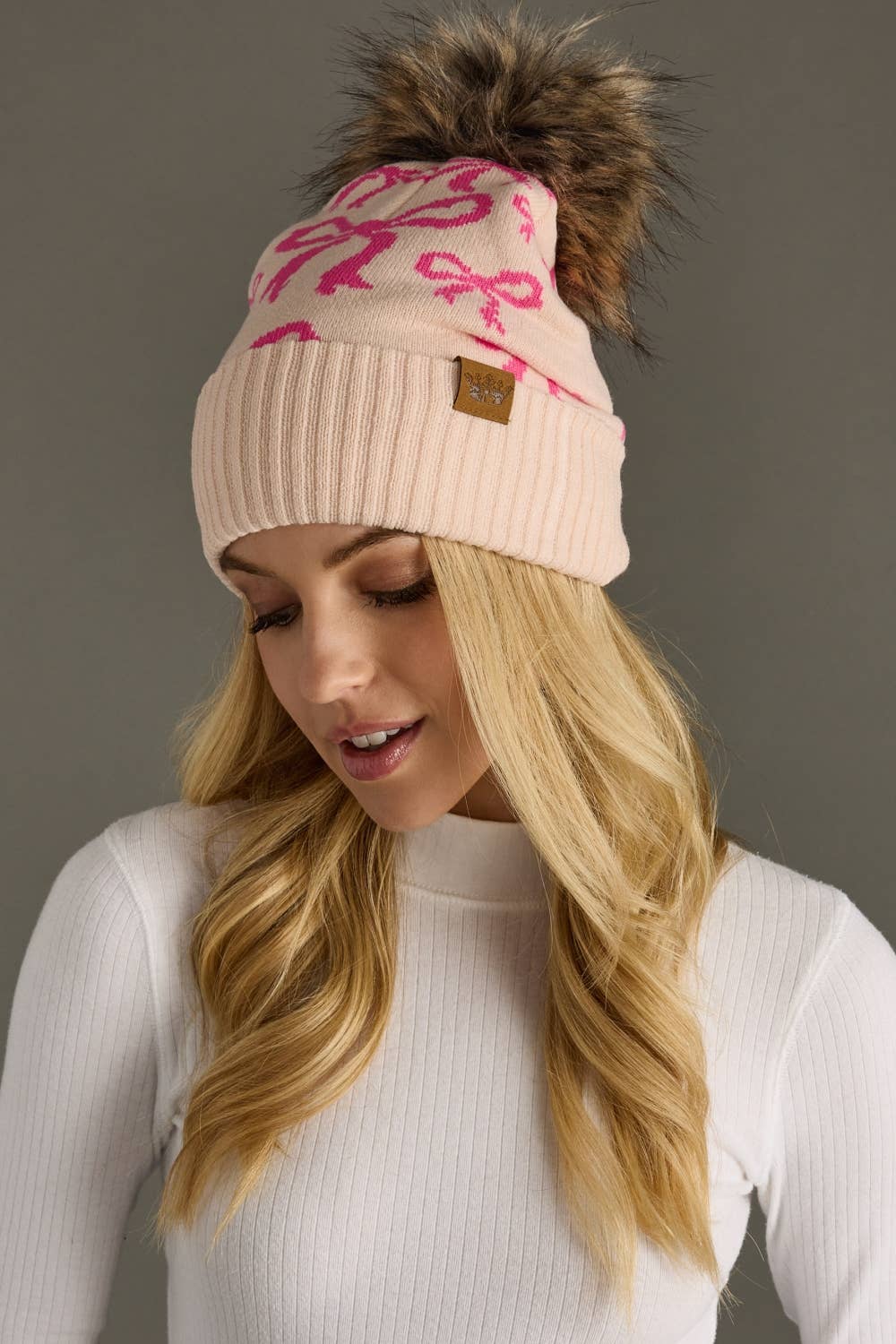Panache Apparel Co. - Lt. Pink & Bright Pink Bow Pom Hat
