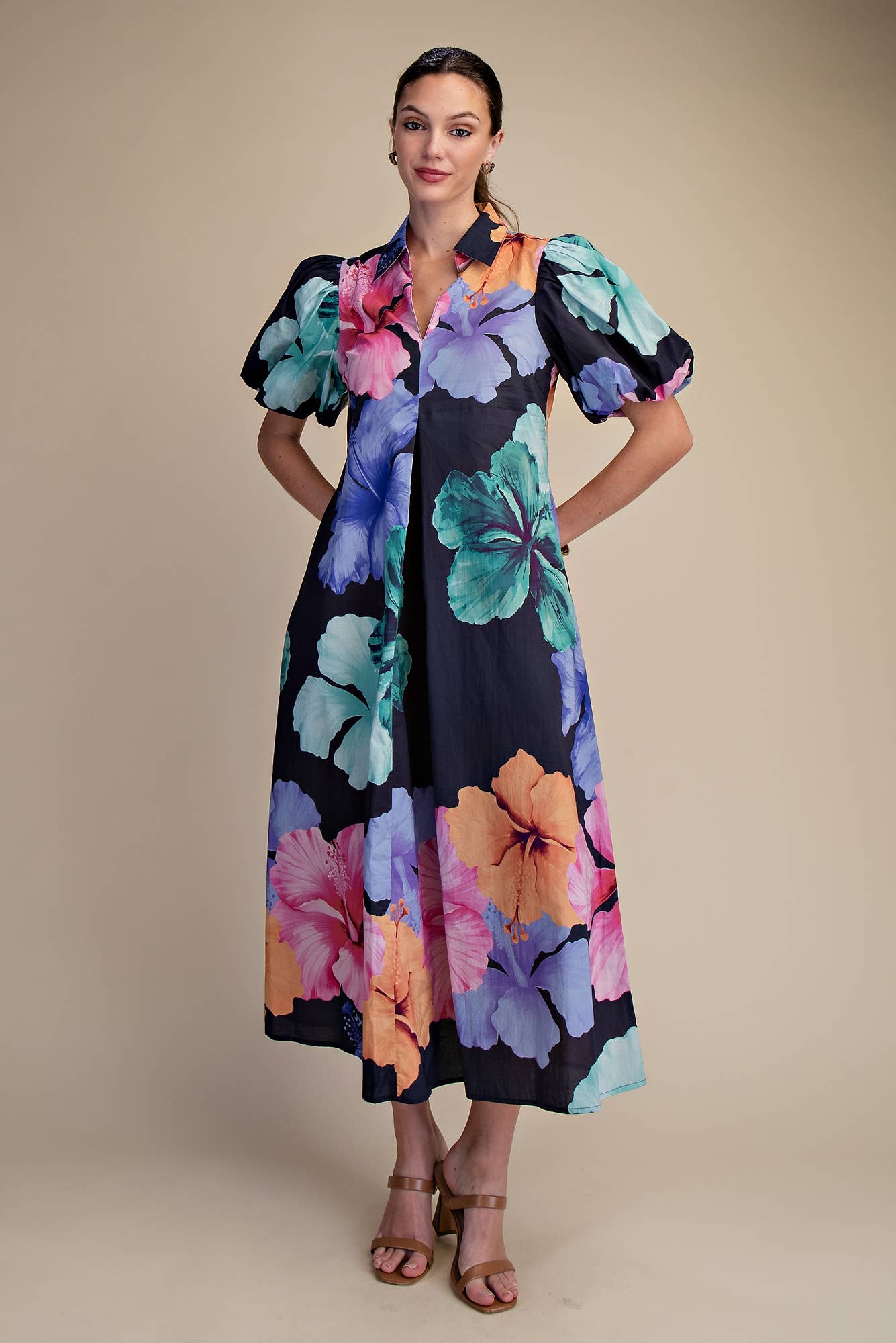 Glam - Collar V-Neck Pleated Midi Dress