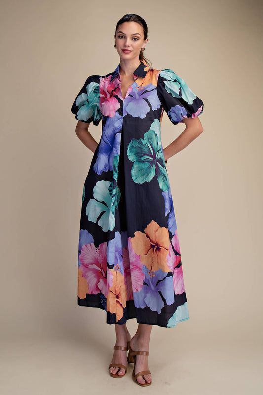 Glam - Collar V-Neck Pleated Midi Dress