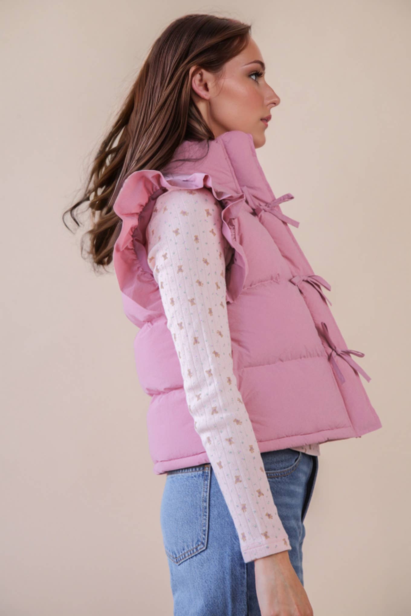 VERY J - NJ90385-Front Bow Ruffle Sleeve Puffer Vest