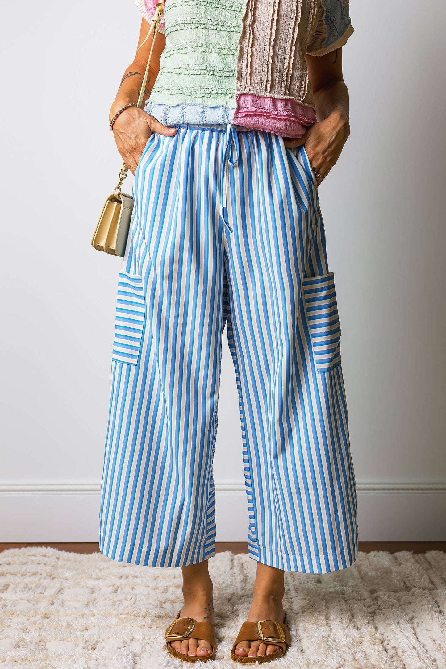66DISCO - Drawstring Elastic Waist Patch Pocket Wide Leg Pants (S-XL)