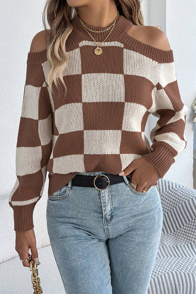 Mccolin - Chic Cutout Checkerboard Sweater