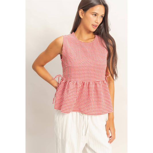 HYFVE - Gingham Sleeveless Peplum Top With Side Ties