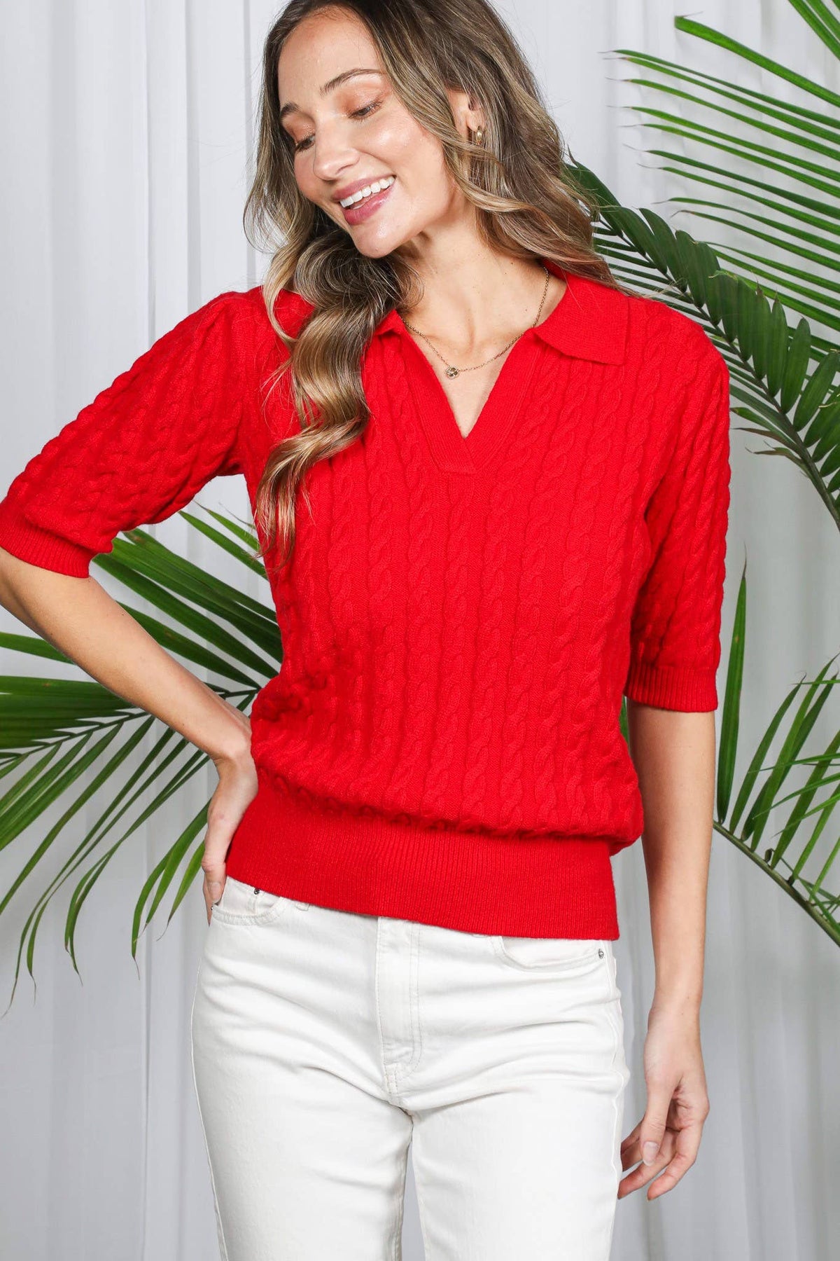 Vine & Love - Collared Split Neck Cable Detail Knitted Sweater VT82673
