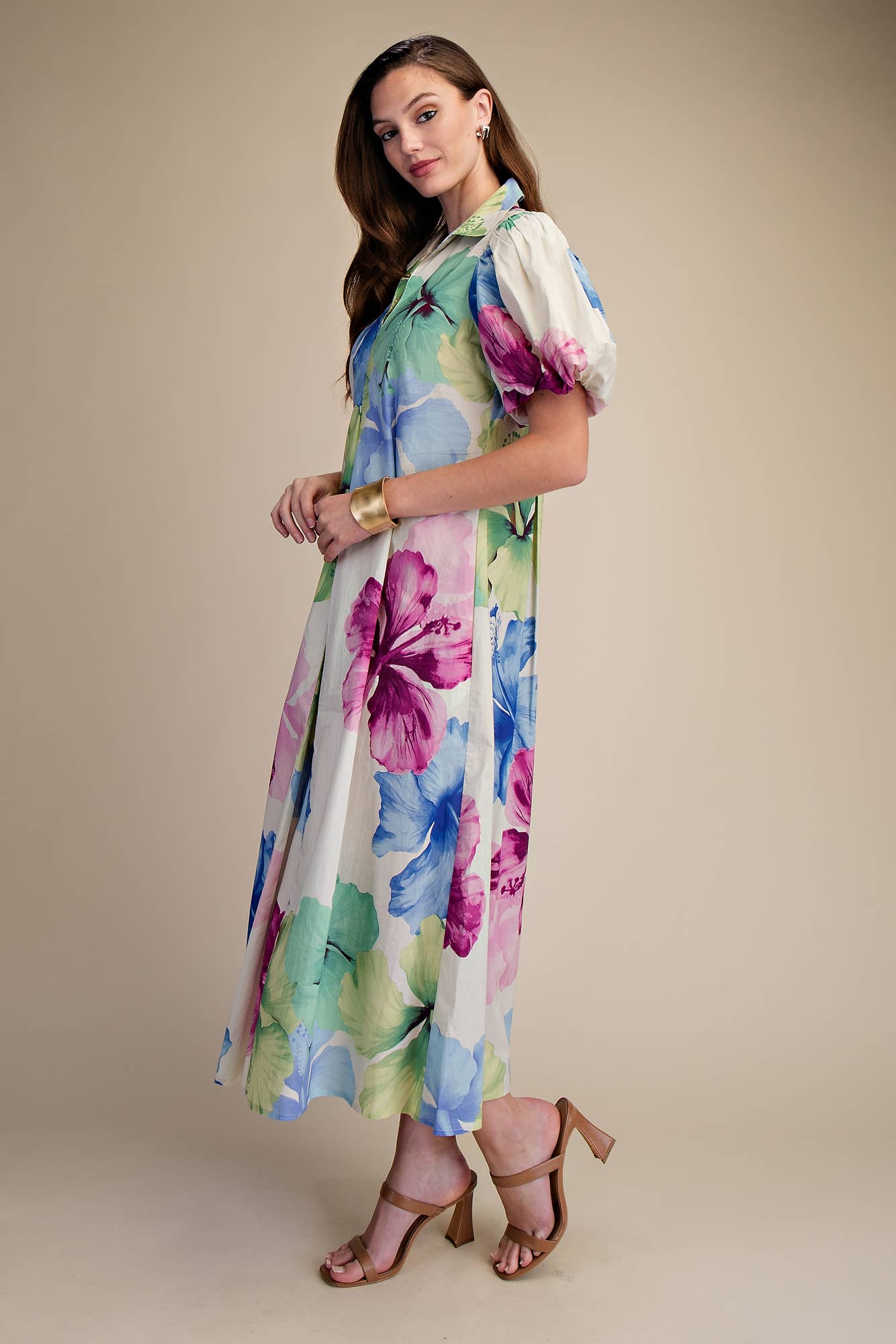 Glam - Collar V-Neck Pleated Midi Dress