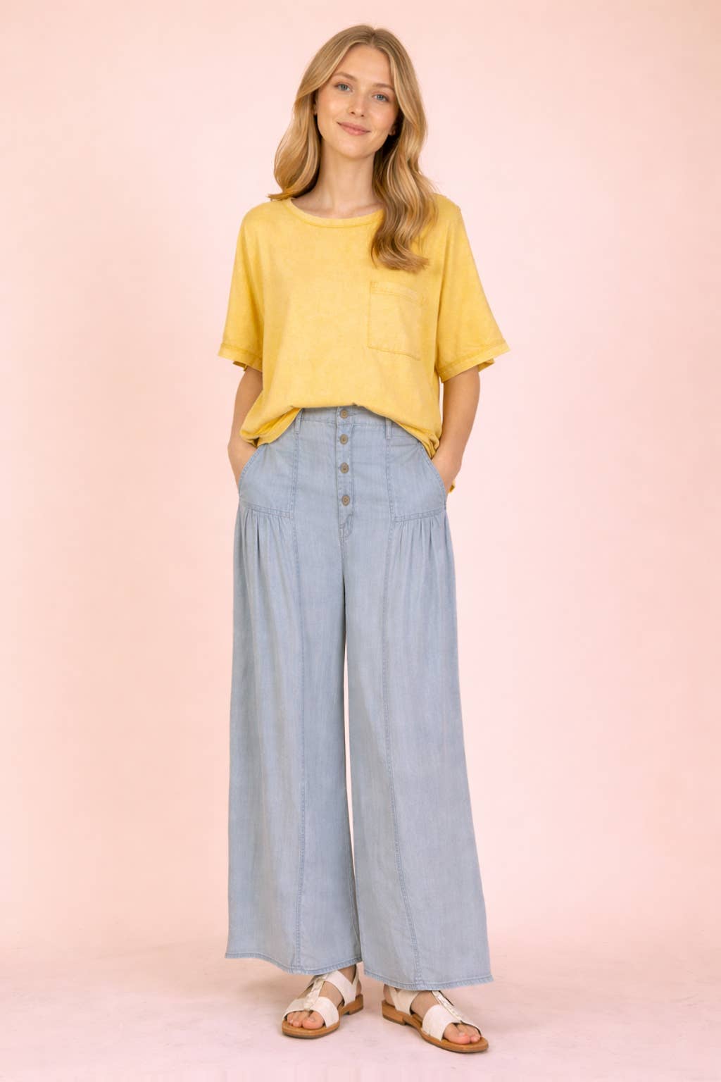 VERY J - NP70935X-PLUS SIZE Mineral Washed Chambray Wide Pants