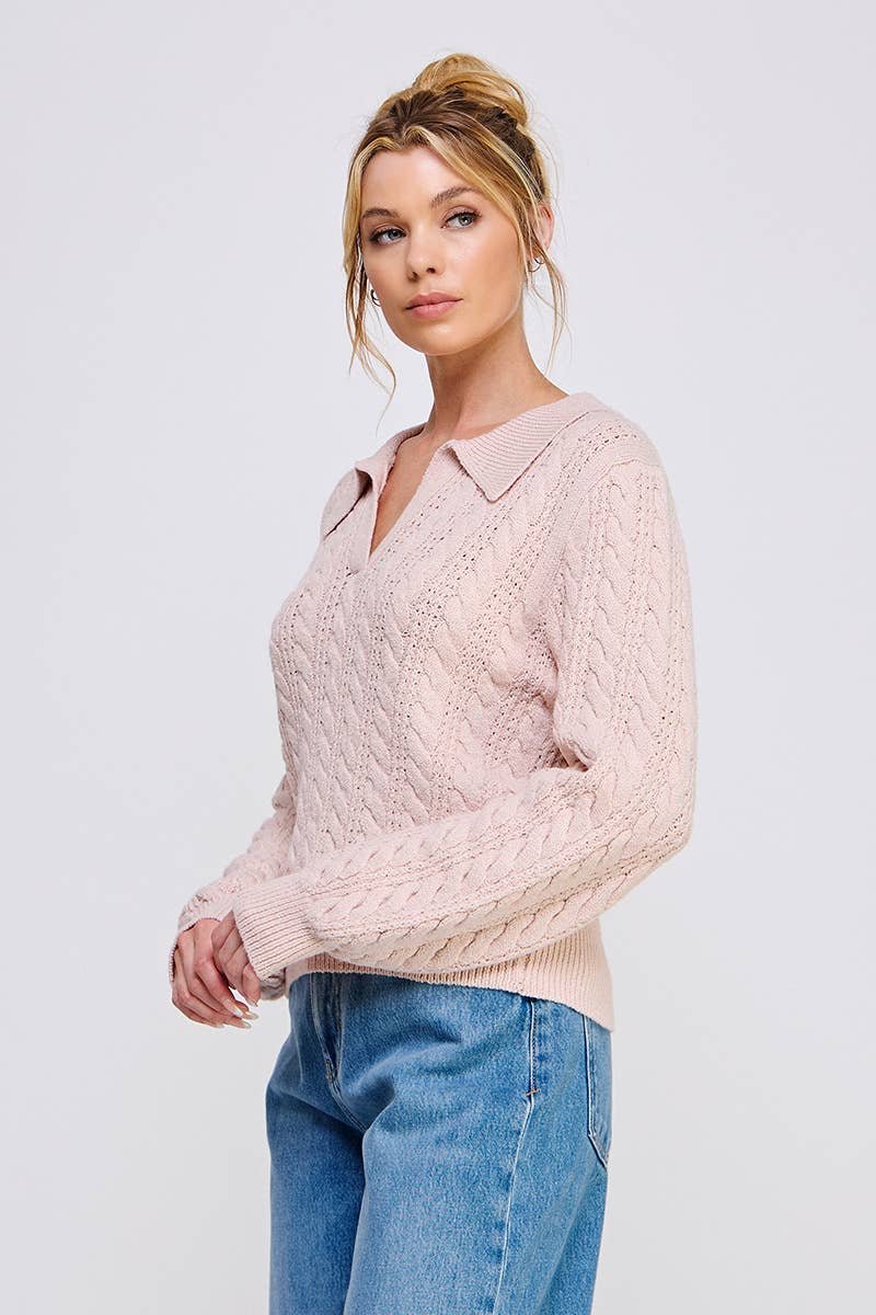 Grey Cable Knit Johnny Collar Pullover