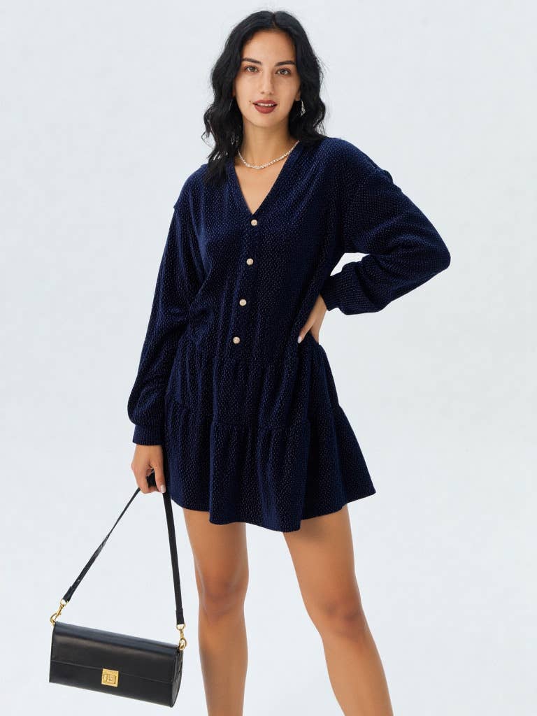 VERY J - ND31003-Tiered Textured Woven Holiday Velvet Mini Dress