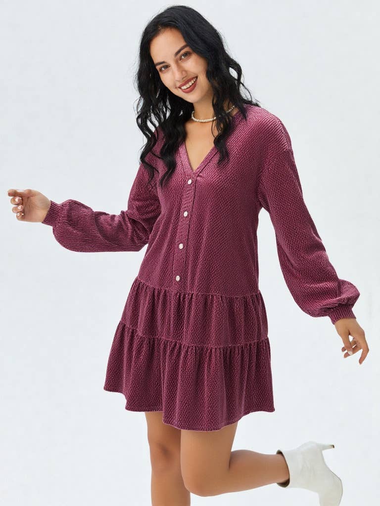 VERY J - ND31003-Tiered Textured Woven Holiday Velvet Mini Dress