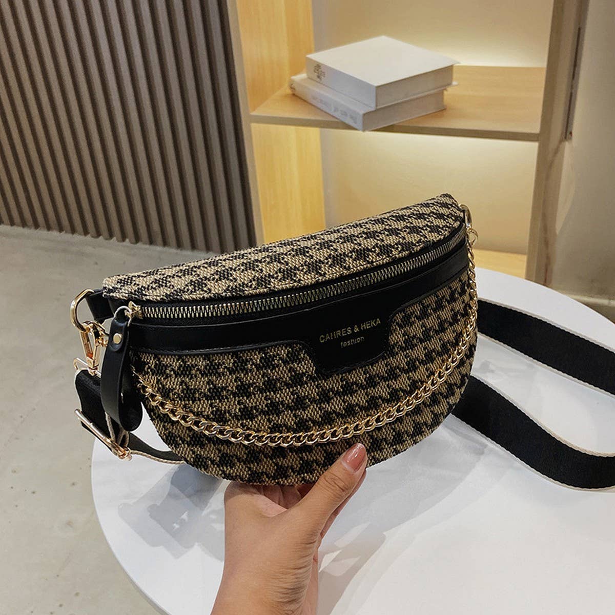 ACCITY - LEOPARD PRINT BLACK CHAIN STRAP FANNY BELT BAG_CWAB0923