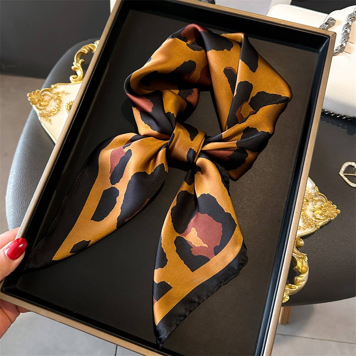 ACCITY - Leopard Print Satin Square Scarf, Hair Wrap_CWASC1425
