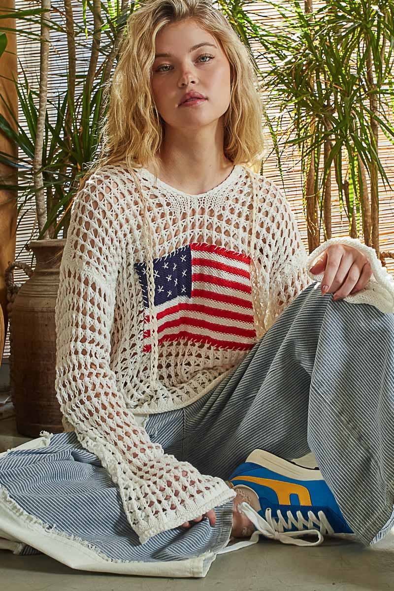 Long sleeve American flag hoodie thin sweater top SALE: Beige