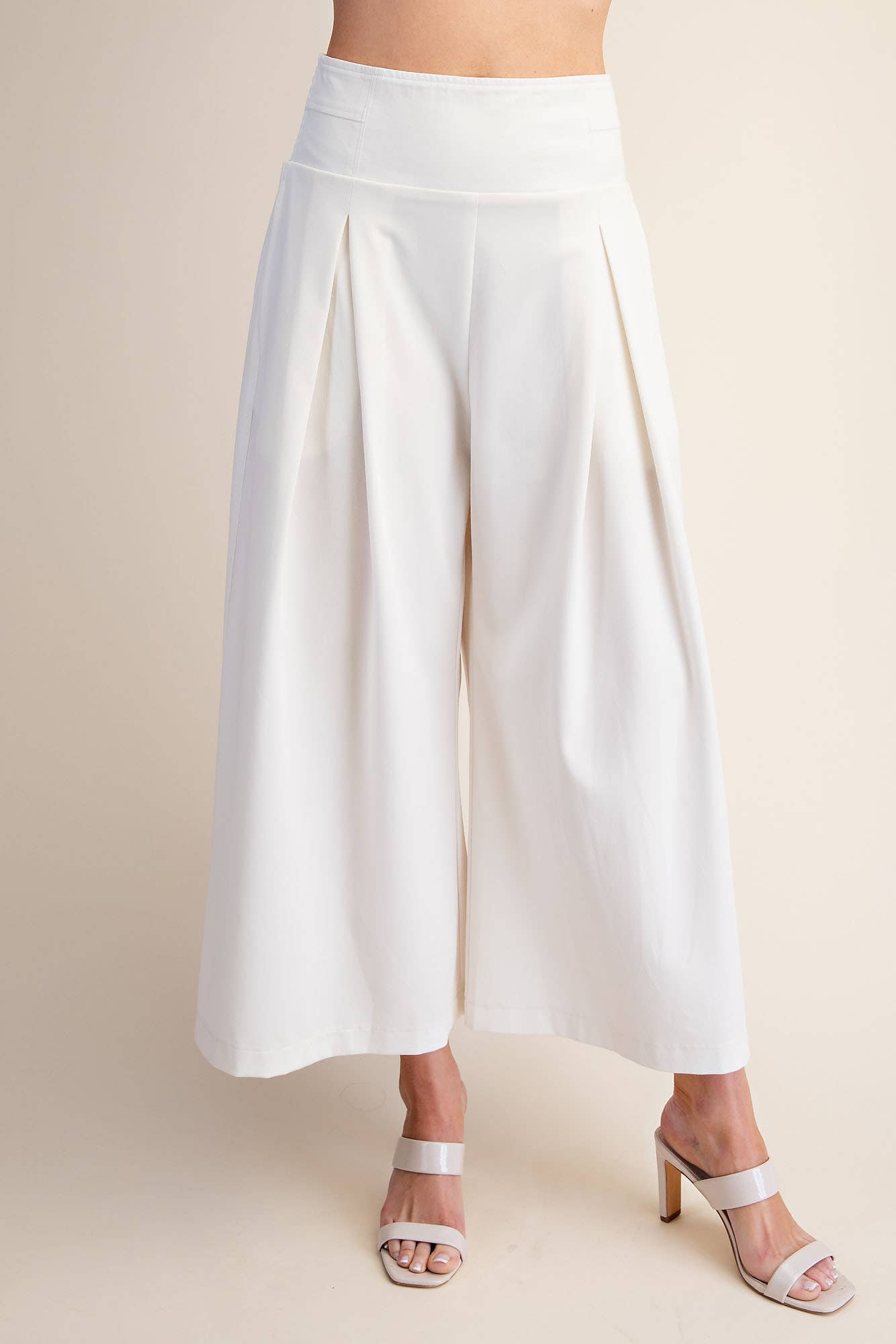 Glam - Wide Leg Pleated Crop Pants High Waist Band