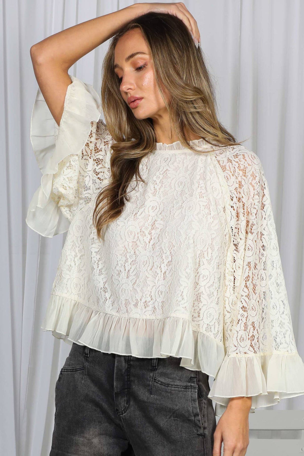 Vine & Love - Ruffle Neck & Hem Bell Sleeve Loose Lace Blouse Top VT83170