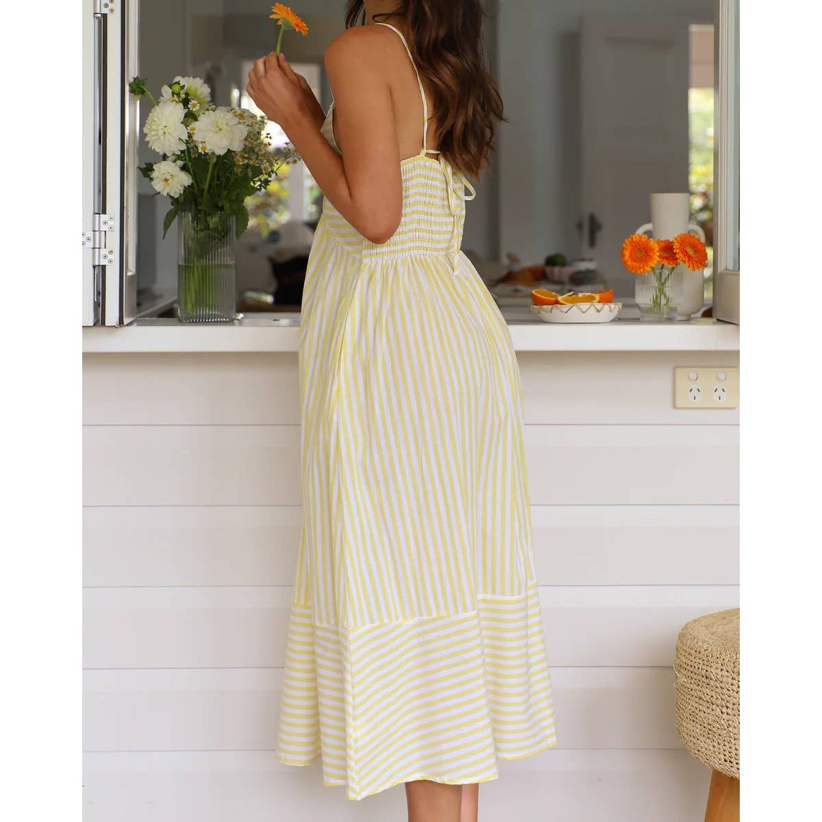 Mapcie - Striped Midi Dress with Smocking on the Back