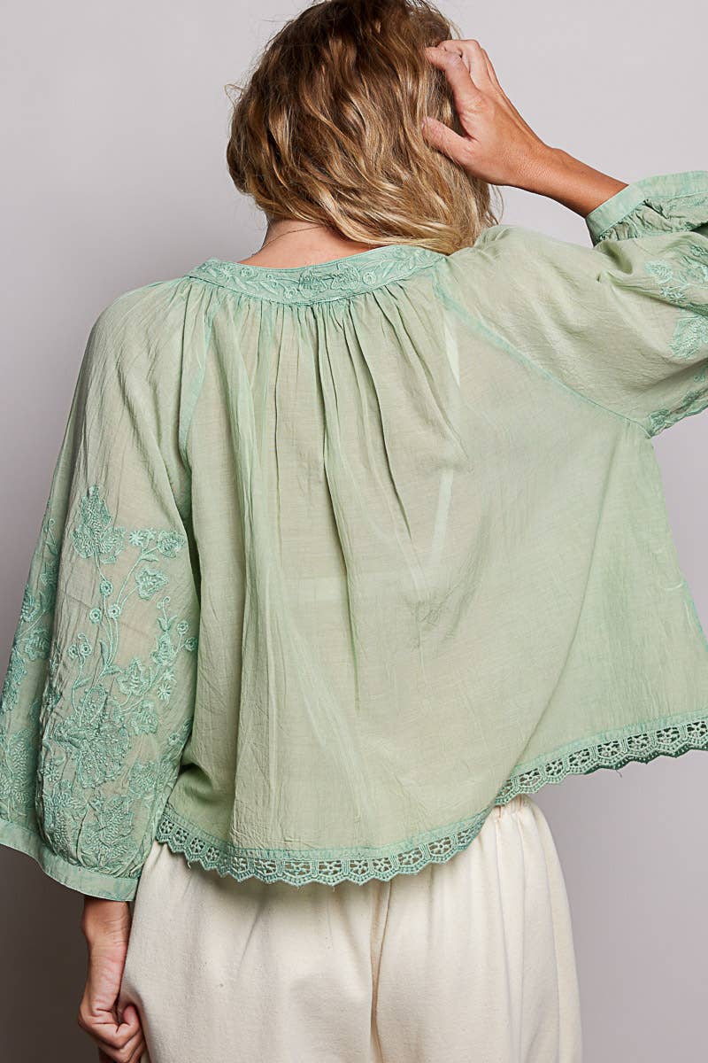 Floral Embroidered Lace Hem Boho Blouse