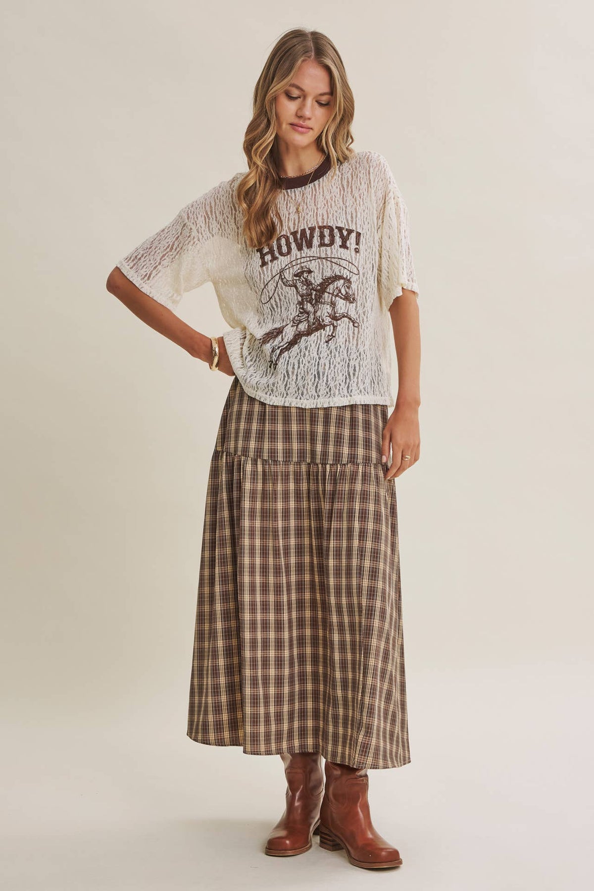 in february - WESTERN INSPIRED HOWDY COWBOY GRAPHIC SHEER LACE TOP