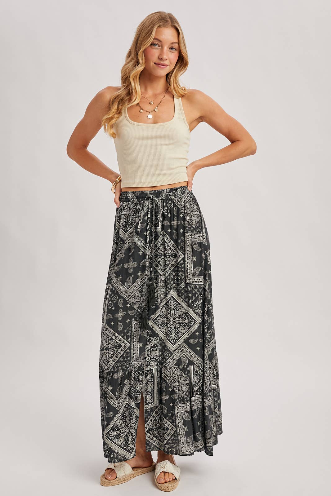 Bluivy - BOHO PRINT TIERED BUTTON DOWN FRONT MAXI SKIRT