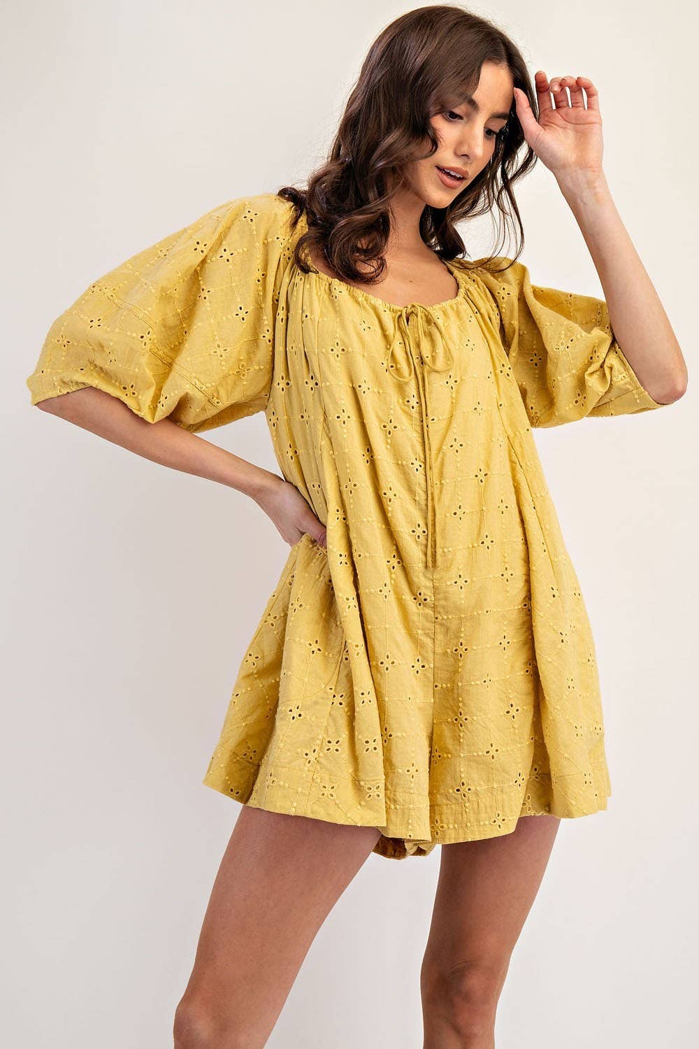 PL6371 - EYELET PUFF SLEEVE ROMPER: MUSTARD