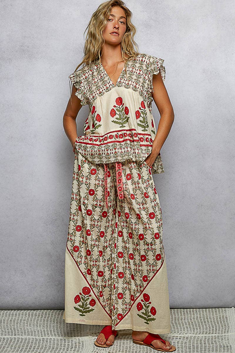 Pol Clothing - V-Neck Floral Pattern Ruffle Sleeve Top and bottoms