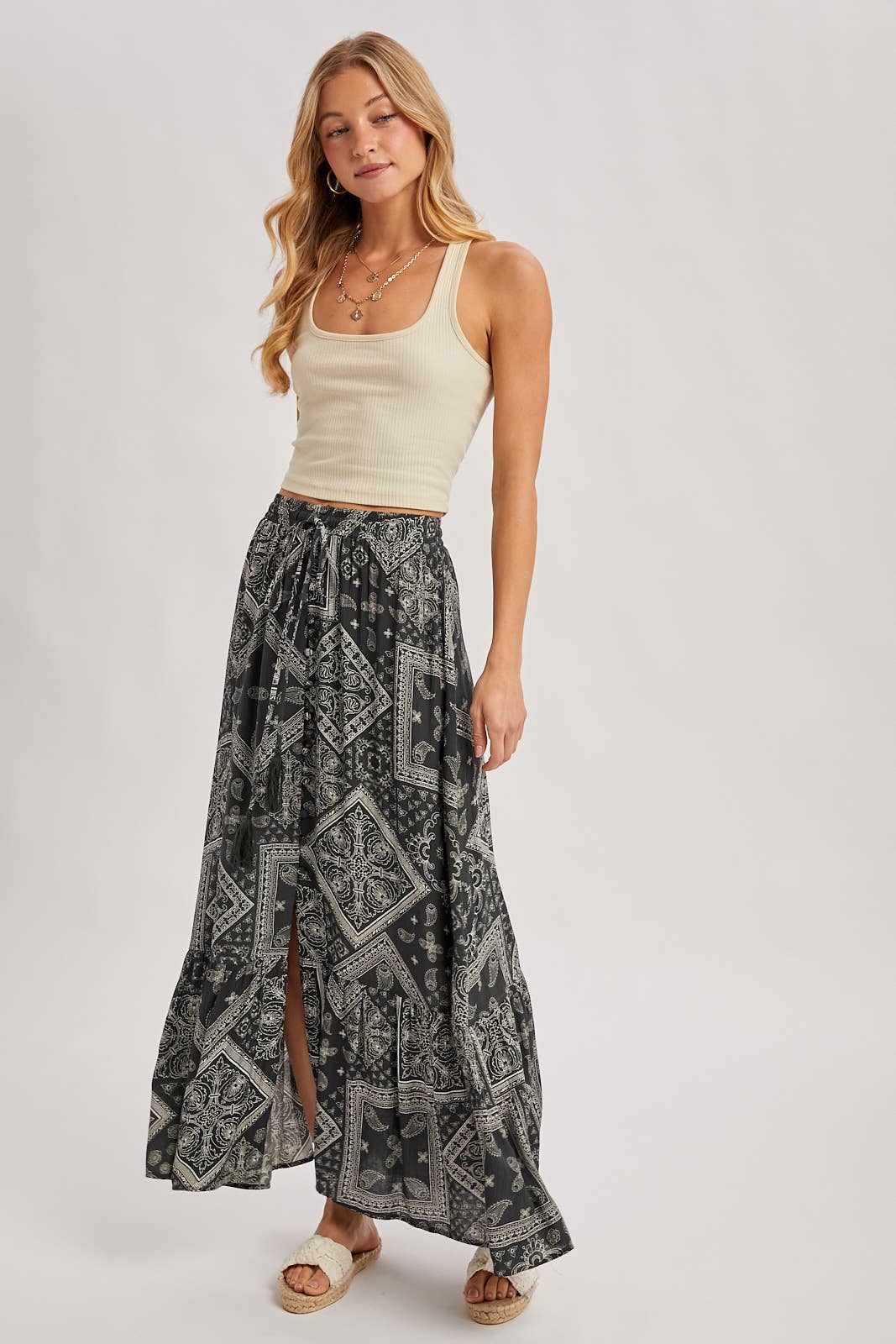 Bluivy - BOHO PRINT TIERED BUTTON DOWN FRONT MAXI SKIRT
