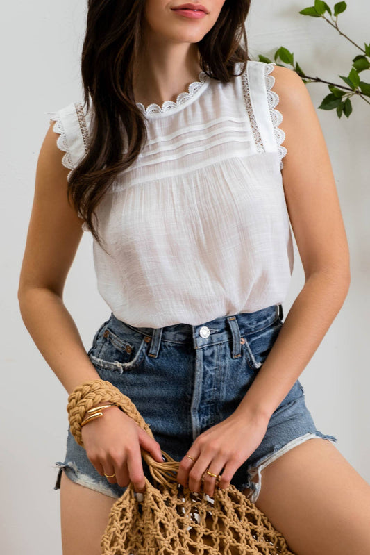 Blu Pepper - SLEEVELESS LACE EDGE WOVEN TOP