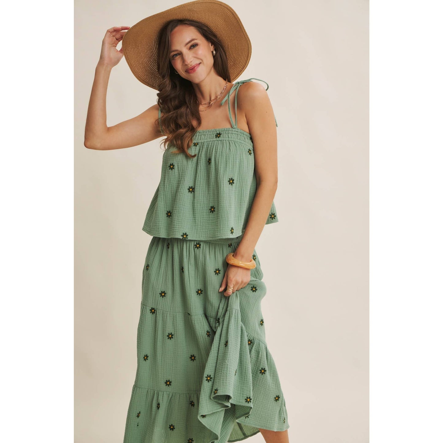in february - SUNSET FIELD EMBROIDERED COTTON GAUZE SMOCKED MIDI SKIRTS
