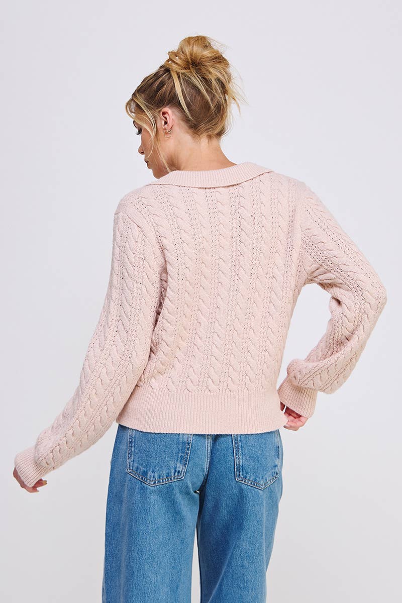 Grey Cable Knit Johnny Collar Pullover