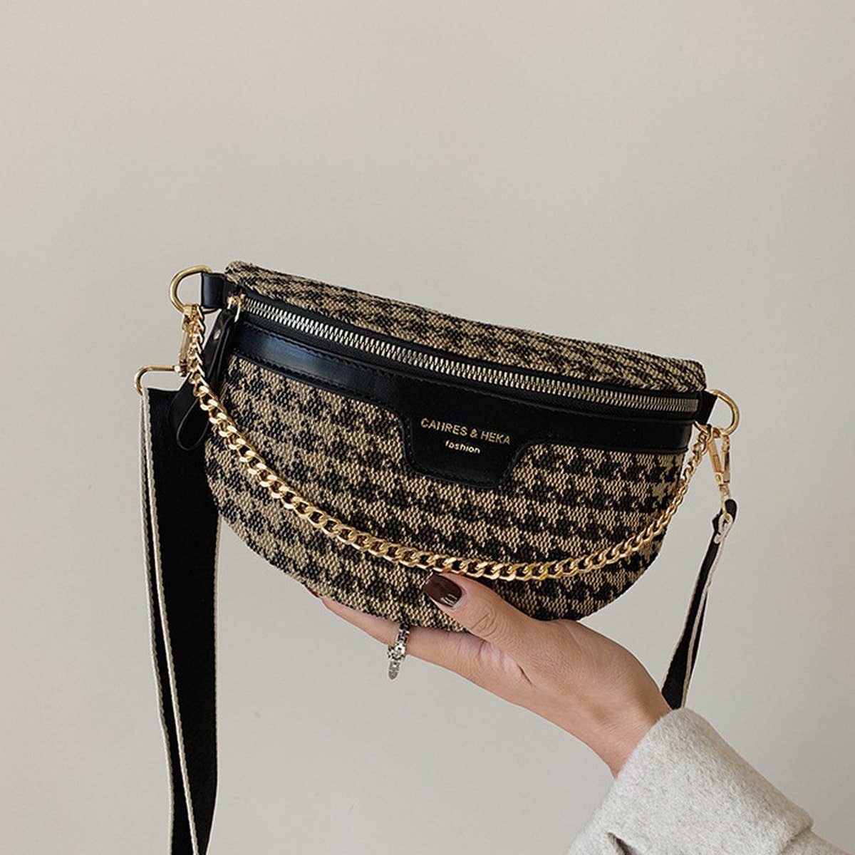 ACCITY - LEOPARD PRINT BLACK CHAIN STRAP FANNY BELT BAG_CWAB0923
