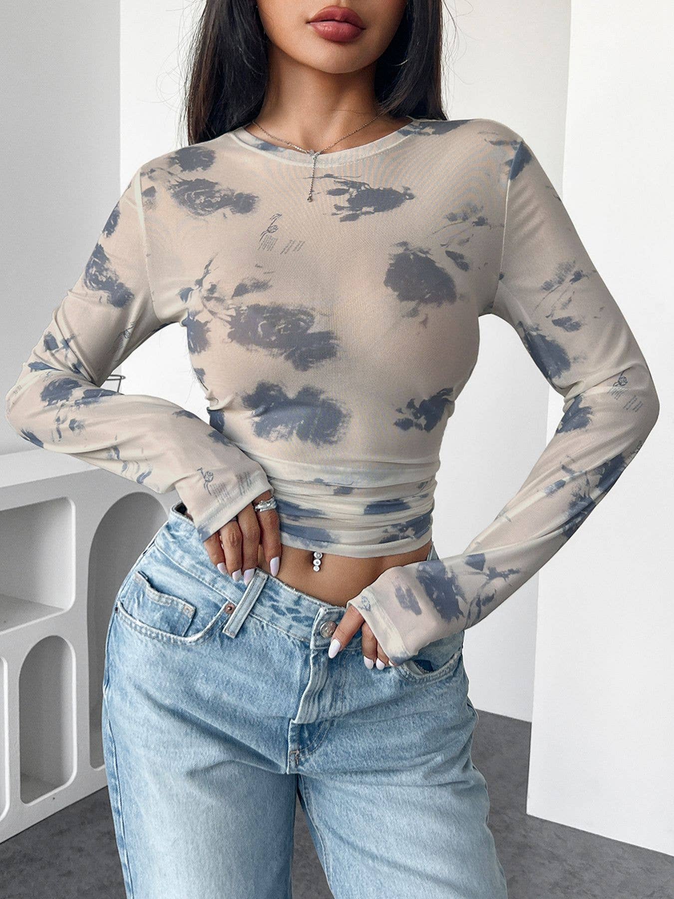 Hope & Sunshine - Floral Mesh Ruched Crop Top