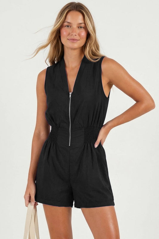 Naked Zebra - Smocking Sleeveless Front Zip Romper