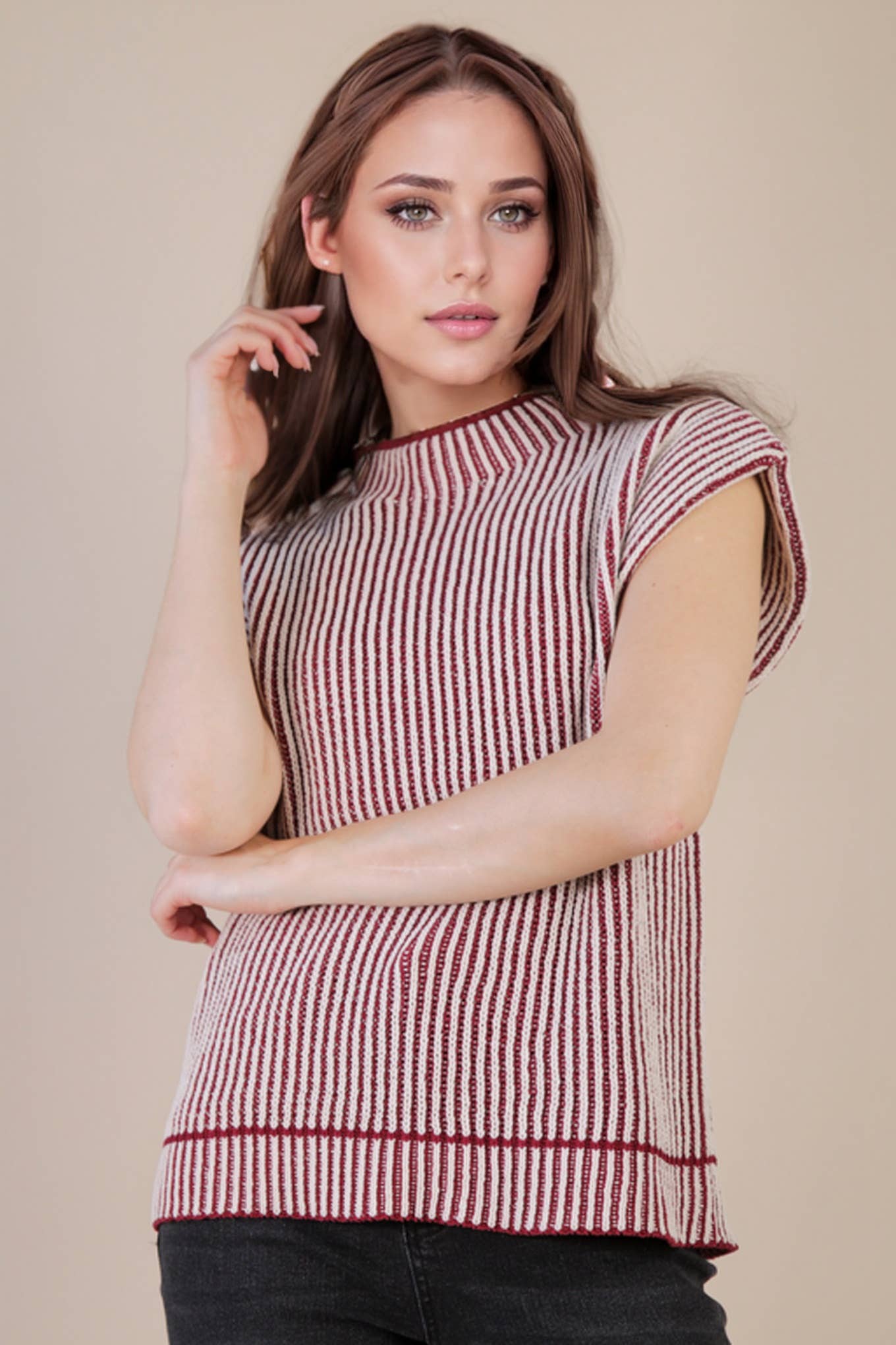 VERY J - 12W3388N-Two Tone Ribbed Knit Sweater Vest