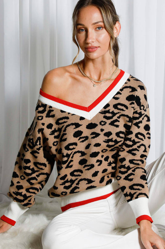 Vine & Love - Leopard Pattern V-Neck Contrast Rib Knitted Sweater VT82601