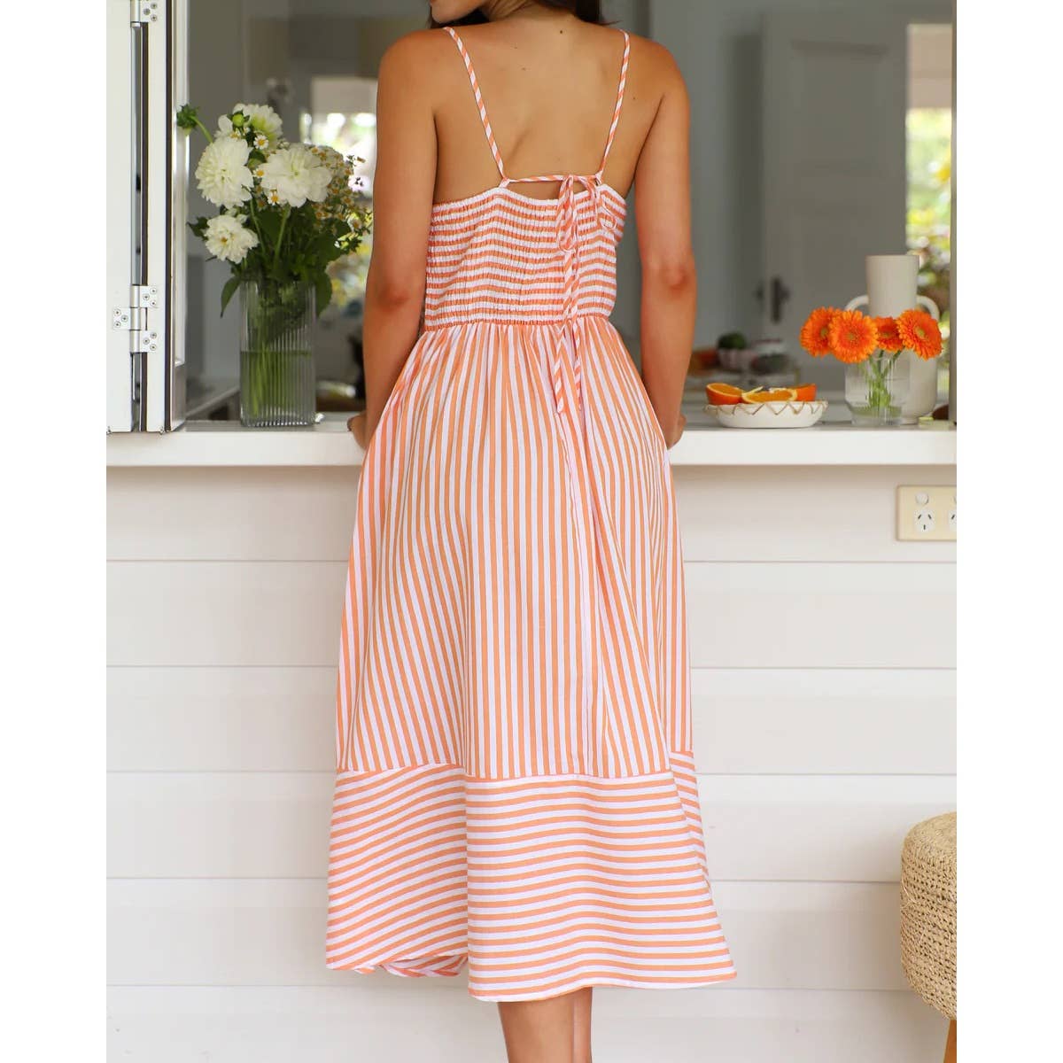 Mapcie - Striped Midi Dress with Smocking on the Back