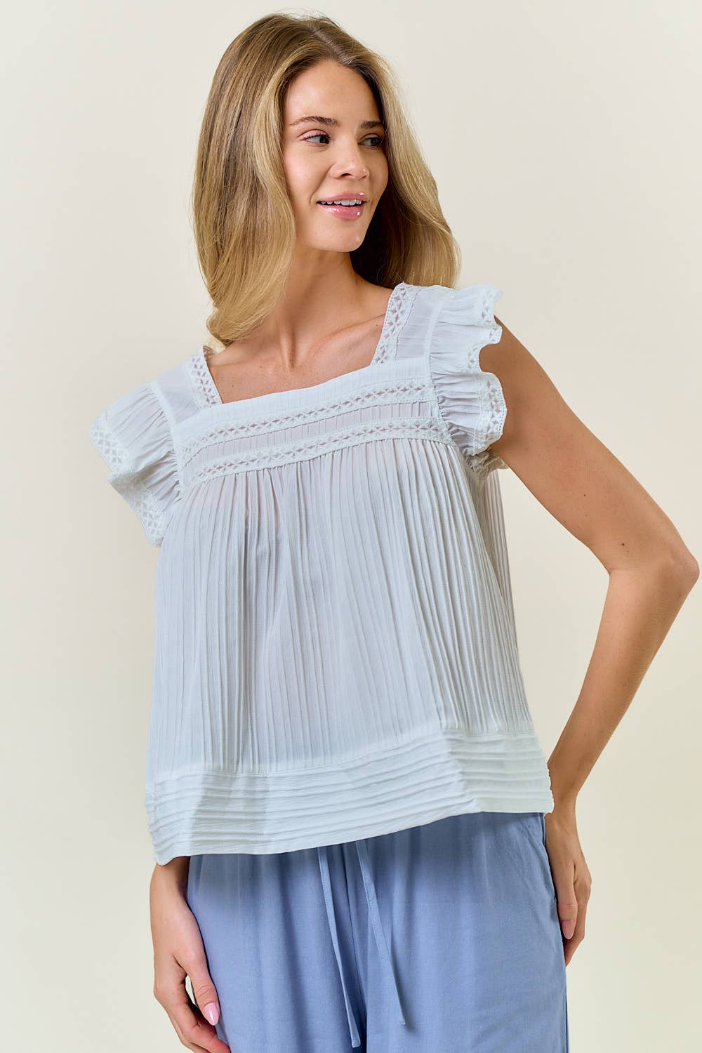 SQUARE NECK RUFFLE CAP SLEEVE LACE TRIM DETAIL TOP