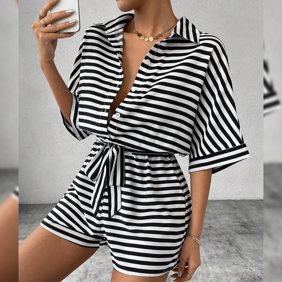 Summer Striped Lapel Button-Up Belted Shorts Romper AXR129: Red / L