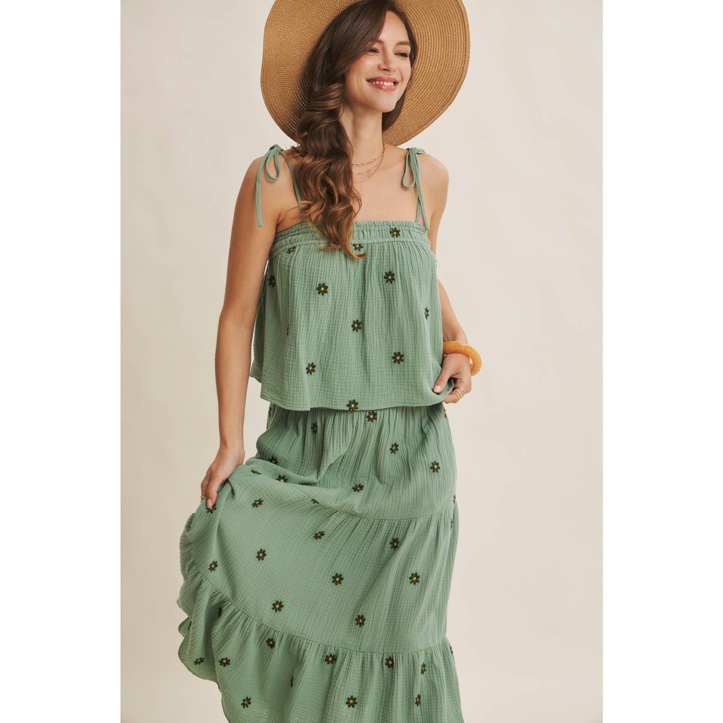 in february - SUNSET FIELD EMBROIDERED COTTON GAUZE TANK WITH TIE STRAPS