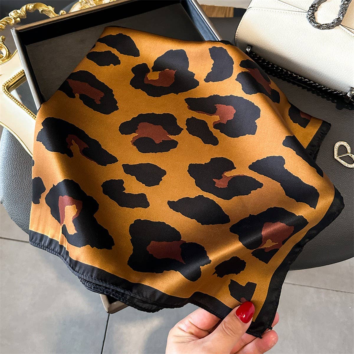 ACCITY - Leopard Print Satin Square Scarf, Hair Wrap_CWASC1425