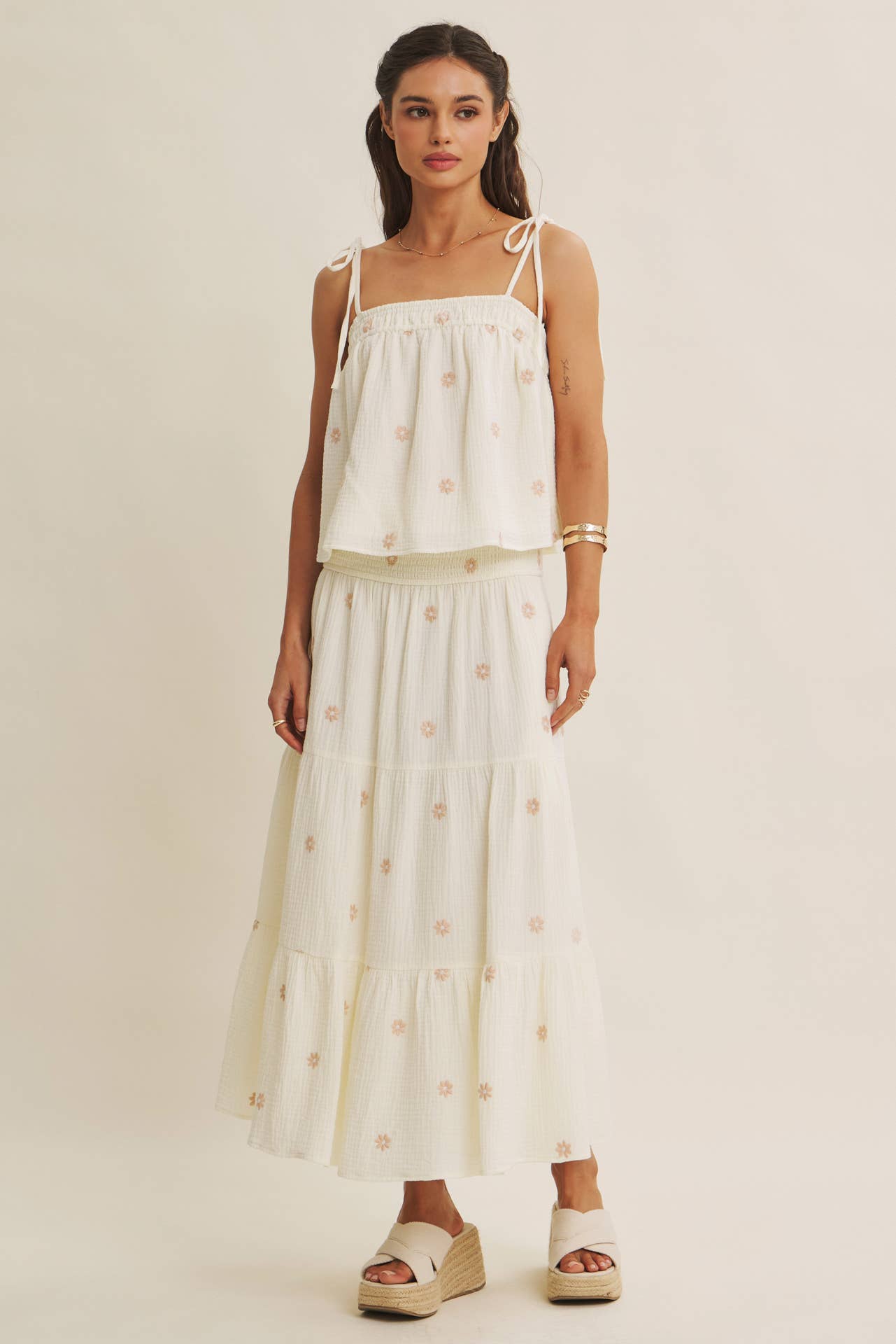 in february - SUNSET FIELD EMBROIDERED COTTON GAUZE SMOCKED MIDI SKIRTS