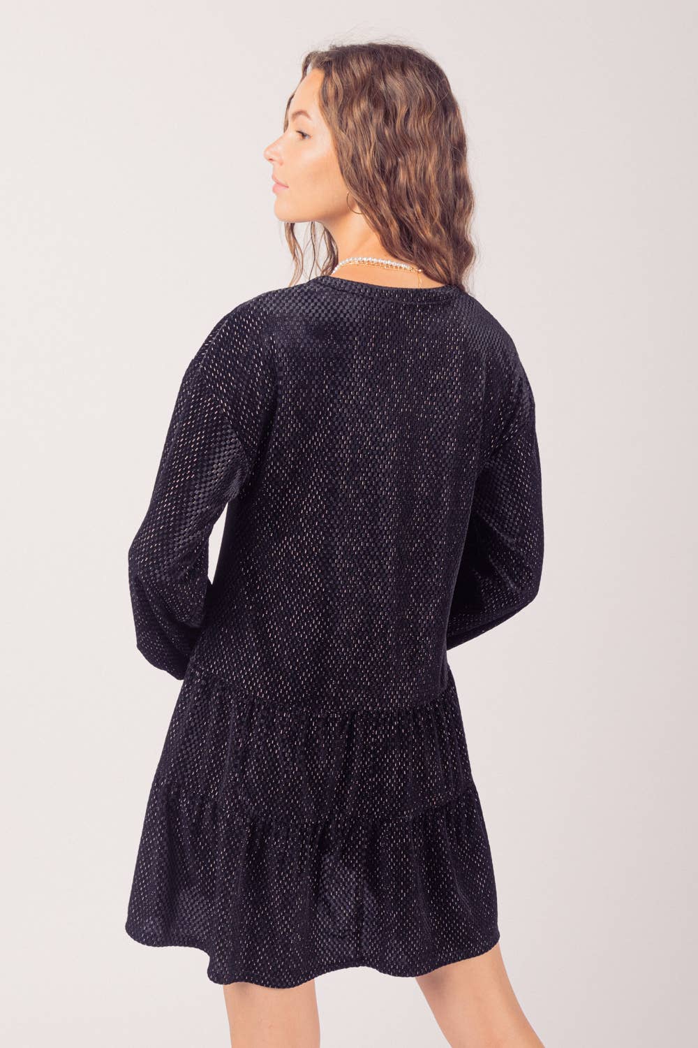 VERY J - ND31003-Tiered Textured Woven Holiday Velvet Mini Dress