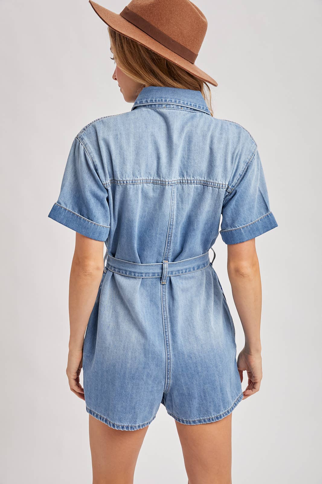 Bluivy - DENIM BELTED BUTTON DOWN SHIRT ROMPER