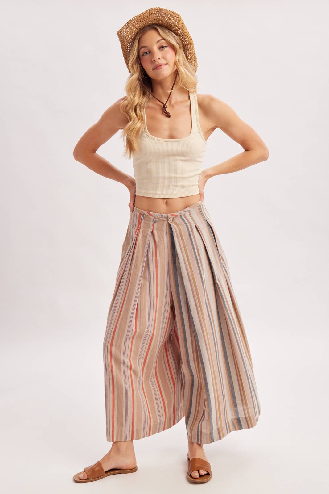 Bluivy - MULTI-STRIPE PLEATED FRONT WIDE-LEG PANTS