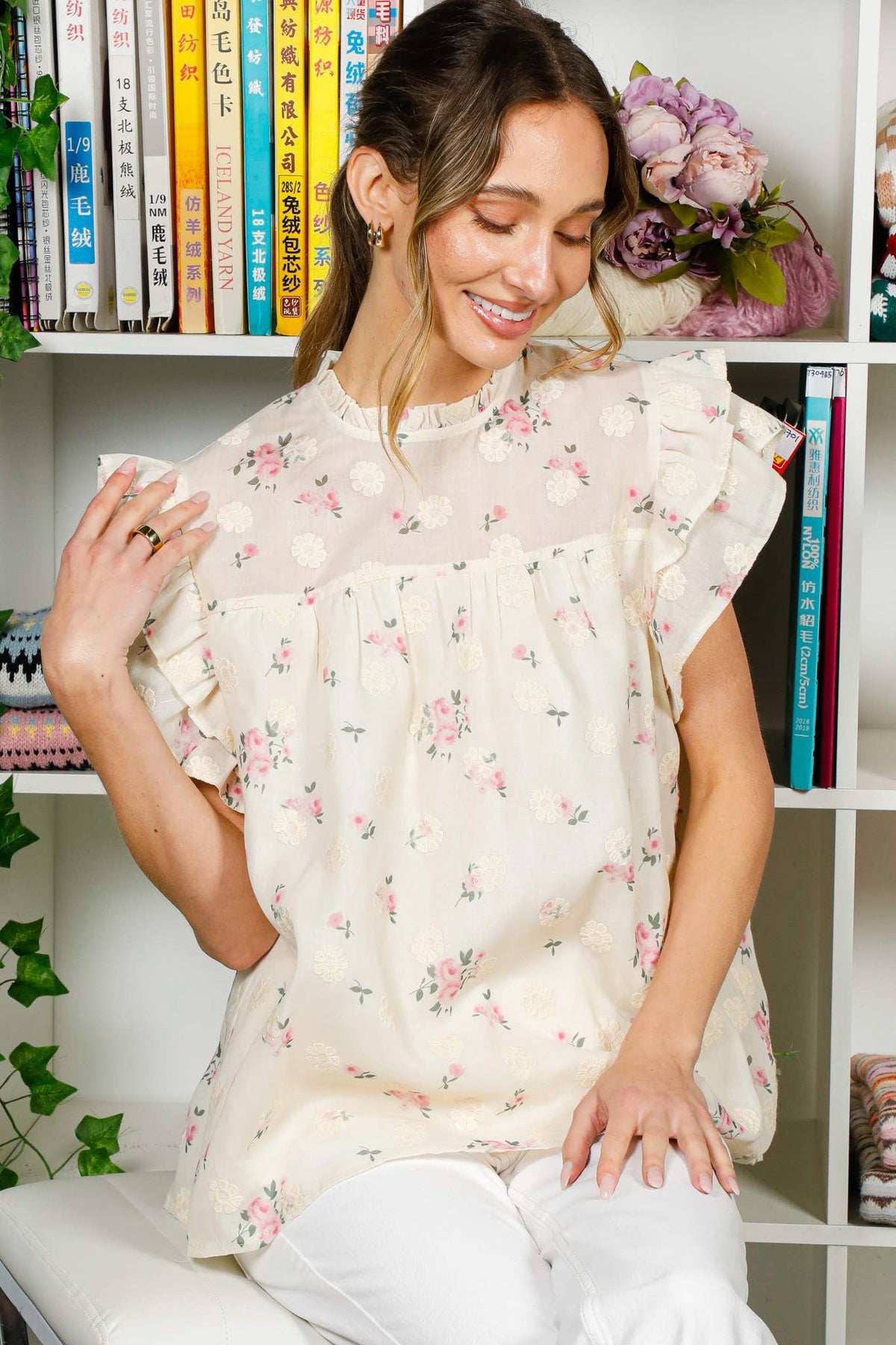 Vine & Love - Floral Embroidered Ruffle Detail Organza Blouse Top VT82257