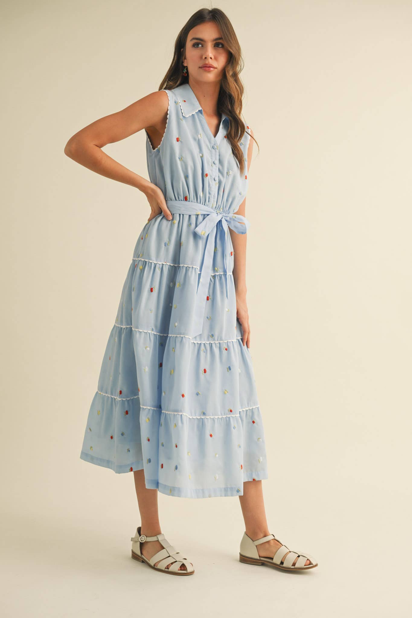 &MERCI - BUTTON DOWN EMBROIDERED MIDI DRESS MDR3592: Black Multi / M