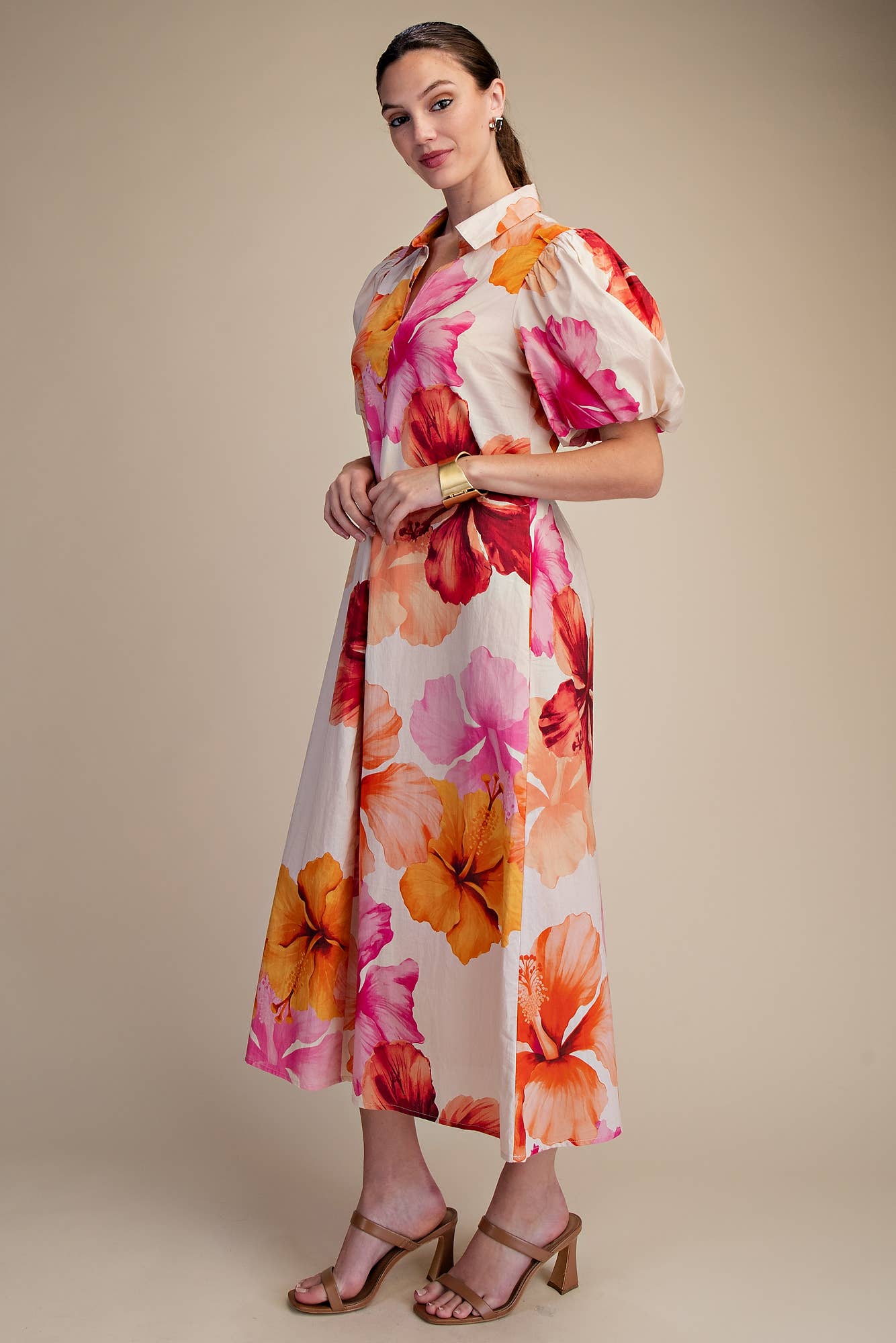 Glam - Collar V-Neck Pleated Midi Dress