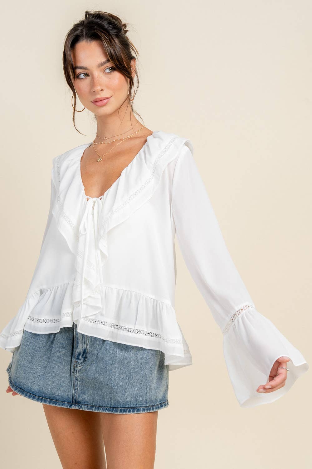 BEIVY & COLLABO - BT3303E /BOHO TRUMPET SLEEVE BLOUSE W/ CASCADE RUFFLE & LACE